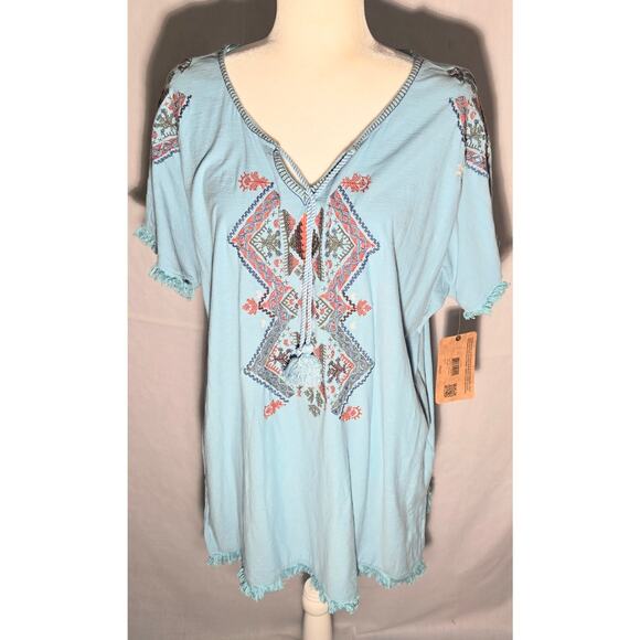 Ruff Hewn Tunic Shirt Boho Hippie Top Embroidered Blue Peasant Blouse Sz 2X NWT - Picture 3 of 8